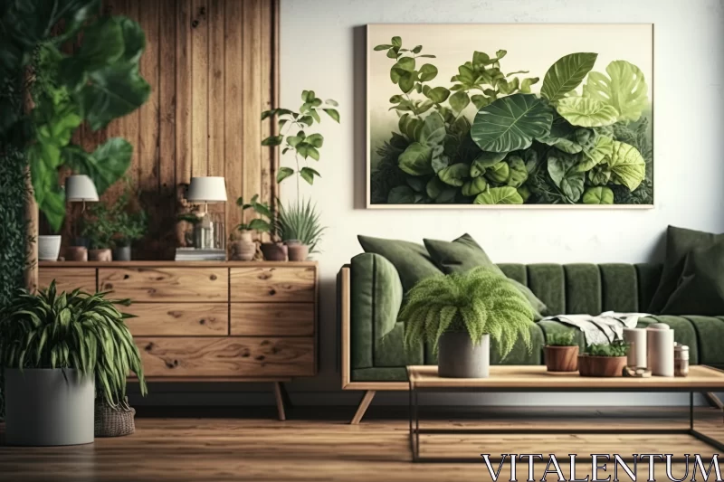 AI ART Bringing Nature Indoors: Add a Touch of Freshness with a Green Plant in Your Wooden Living Room Inte