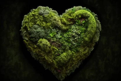 A Detailed Green Heart Made of Moss on a Black Background