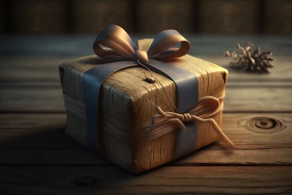 Unwrap the Magic: A Gift Box on a Wooden Table AI Image