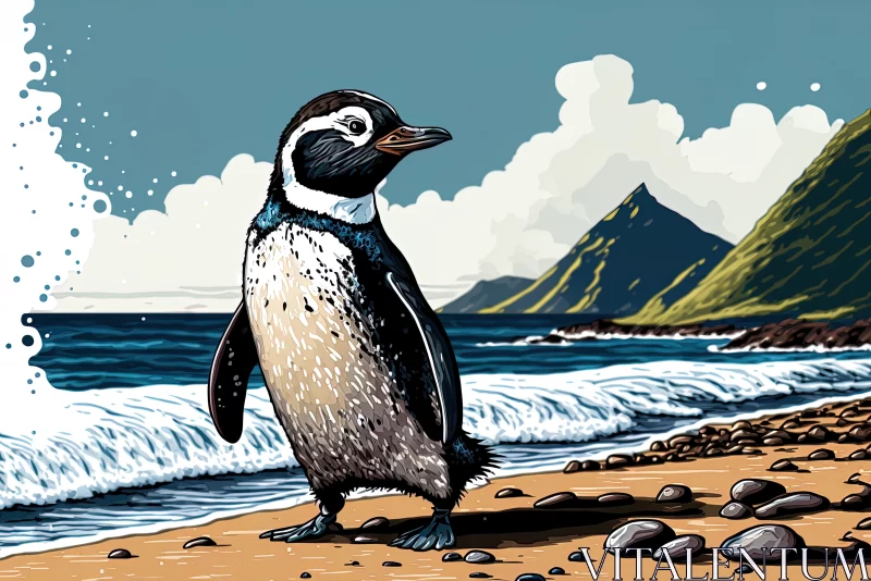 A Playful Pause: Up Close with a Penguin in Ushuaia's Seashore Symphony AI Image