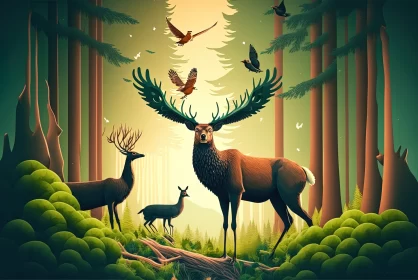 Astonishing Deer and Flying Birds in a Serene Woodland Scene