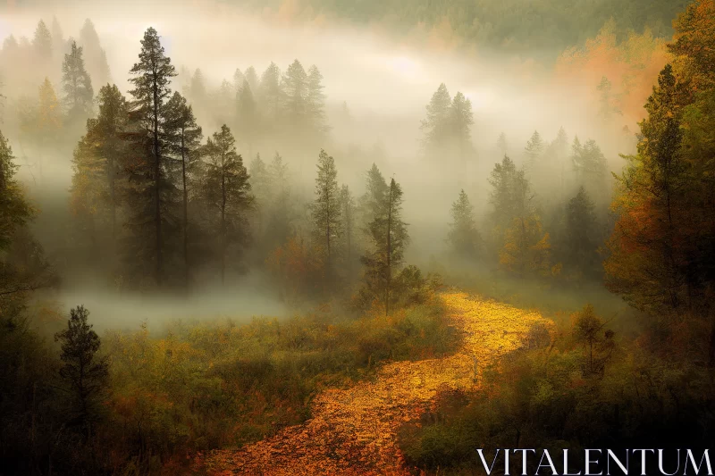 AI Masterpiece: A Green Forest With Autumn Fog AI Image