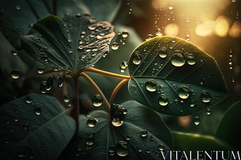 Finding Peace and Calmness: A Beautiful Sunrise Image of Lush Green Leaves Adorned with Dew Drops AI Image