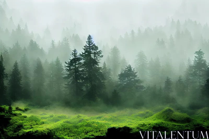 AI ART Creating a Serene Atmosphere With a Green Summer Woods Abstract Backdrop: A Misty Forest Landscape