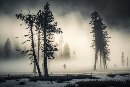 Enigmatic Enchantment: Mists of Mystery Shroud the Trees in Yellowstone's Tapestry AI Image