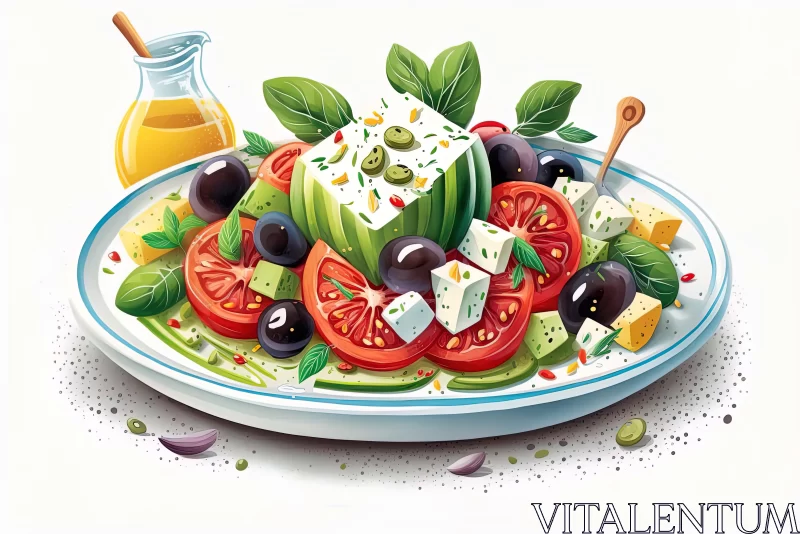 A Mouthwatering Twist on a Classic: Fresh Greek Salad Drizzled with Olive Oil AI Image