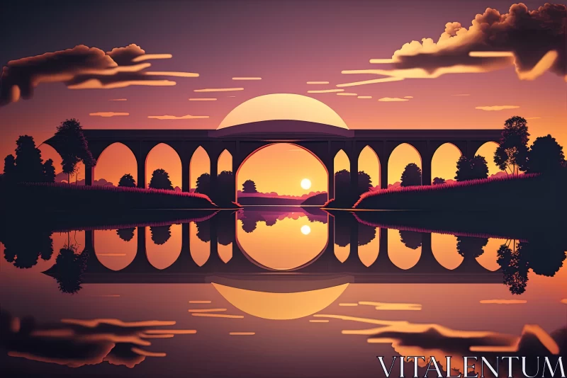 Bridge of Dreams: A Serene Sunset Over a Reflective Lake AI Image