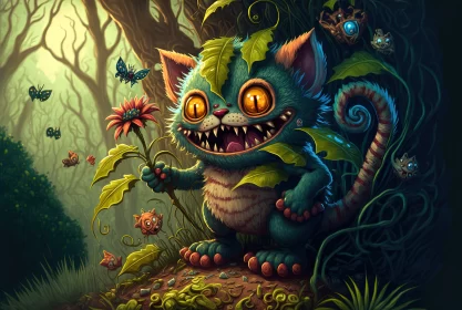 Whimsical Wonders: Cartoon Monster Kitten Explores an Enchanting Jungle of Imagination