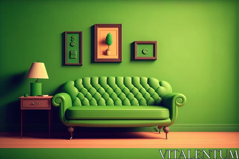 A Cozy Living Room With a Green Couch and Hardwood Floors AI Image