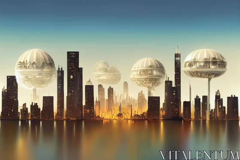 Enigmatic Heights: Whimsical Fantasy Island Defies Gravity Amidst the Urban Skyline AI Image