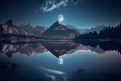 A Majestic Nighttime Landscape: Captivating Lake and Mountain Scenery with a Full Moon and Shimmerin