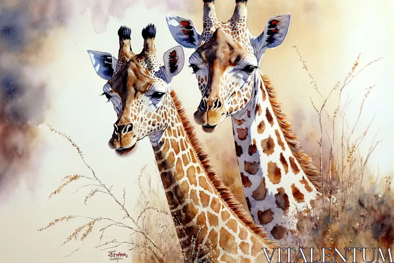 Witnessing Majestic Giraffes in Watercolor AI Image
