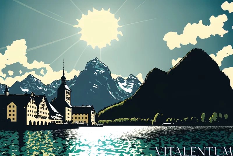 Radiant Reverie: The Sunlit Splendor of Wolfgangsee's Strobl, Austria AI Image