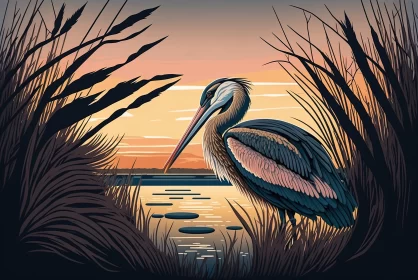 Serenity Unveiled: A Majestic Sunset Dance Amidst Phragmites and a Pelican's Grace
