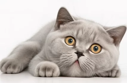Regal Serenity: A Majestic British Shorthair Captivating Hearts Against a Benevolent White Backdrop