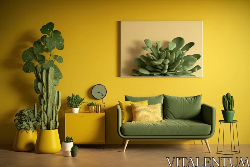 Green Plant Elegance: A Serene Addition to a Stunning Yellow Living Room AI Image