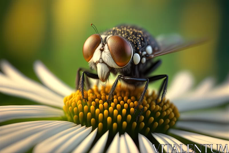 A Serene Moment With a Curious Fly: Macro Photography of Chamomile Perch AI Image