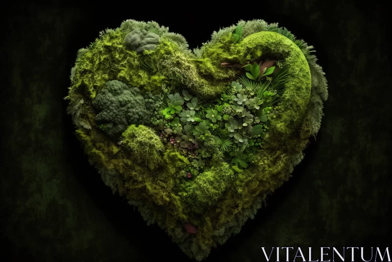 A Detailed Green Heart Made of Moss on a Black Background AI Image
