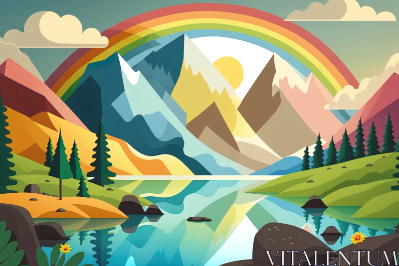 Spectacular Scenery: A Stunning View of a Rainbow Over a Lake in the Mountains AI Image