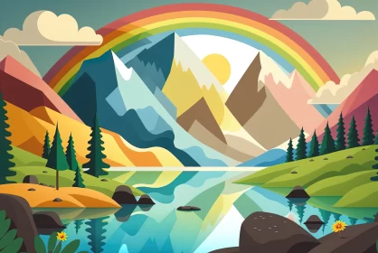 Spectacular Scenery: A Stunning View of a Rainbow Over a Lake in the Mountains