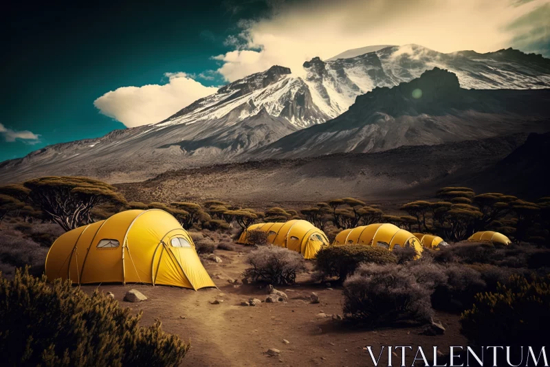 Golden Haven: A Mesmerizing Canvas of Yellow Tents in Kilimanjaro National Park AI Image
