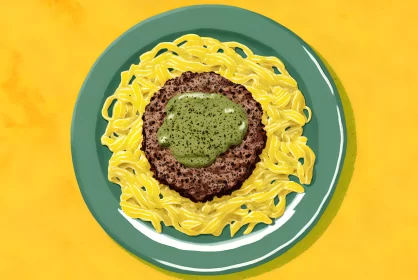 Savory Symphony: Beef and Spinach Cutlet on Pesto Pasta