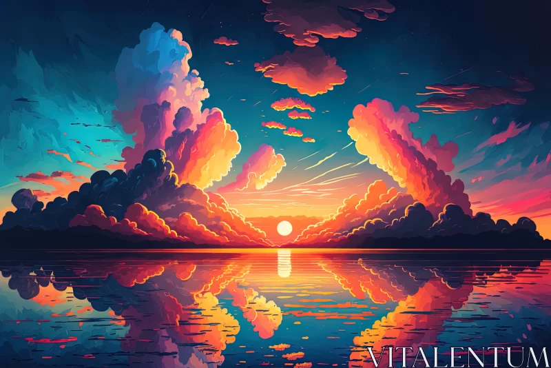 Celestial Masterpiece: A Kaleidoscope of Color Paints the Sunset Sea AI Image