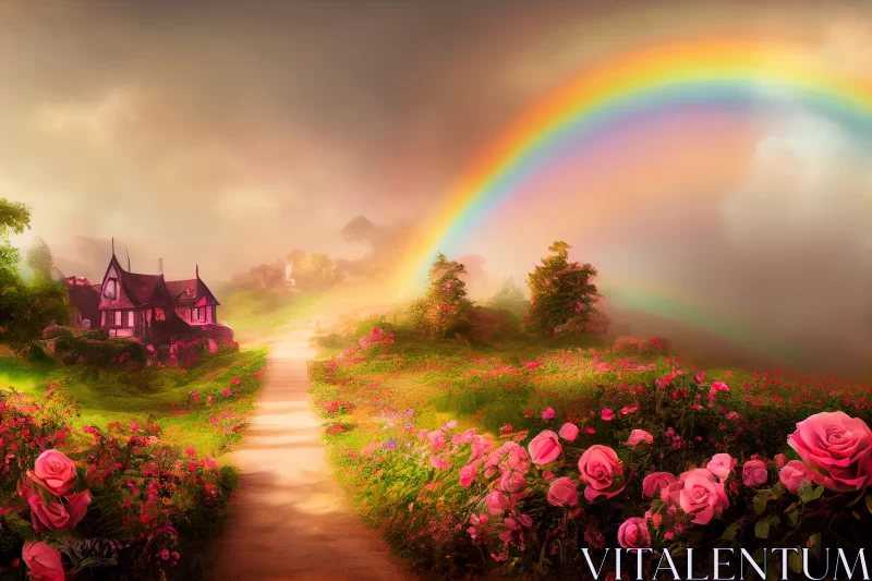 Enchanted Rose Garden: Going Through the Path to a Rainbow Unicorn's Abode AI Image