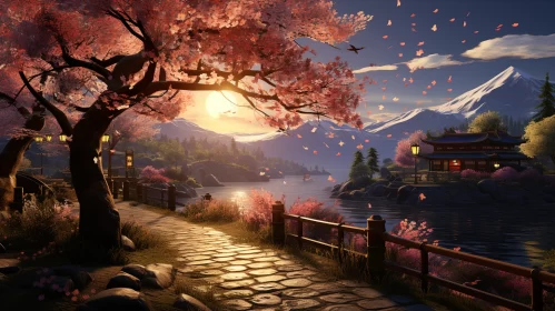 Twilight Enchantment: The Majestic Dance of the Waterside Tree Beneath a Mountain Veiled in Sunset's