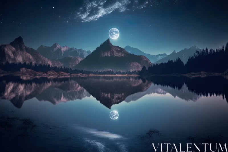 A Majestic Nighttime Landscape: Captivating Lake and Mountain Scenery with a Full Moon and Shimmerin AI Image