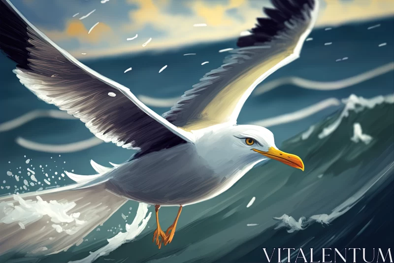 Wings of Freedom: A Majestic Seagull Soars Above the Turquoise Tapestry of the Sea AI Image