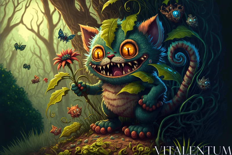 Whimsical Wonders: Cartoon Monster Kitten Explores an Enchanting Jungle of Imagination AI Image