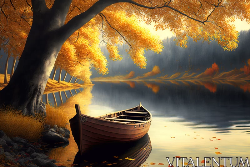 Captivating Autumnal Scenery: A Serene Lake with a Vacant Boat Amidst Colorful Trees AI Image