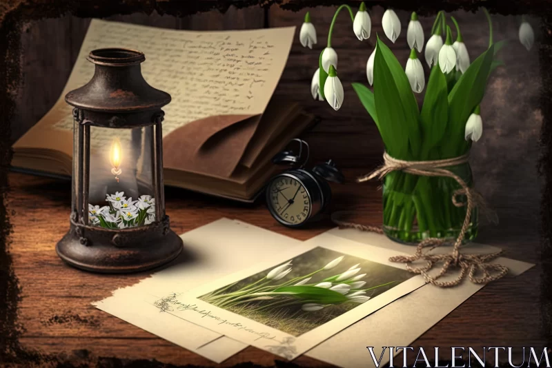 Nostalgic Whispers: A Winter Tale of Snowdrops, Candlelight, and Bygone Memories AI Image