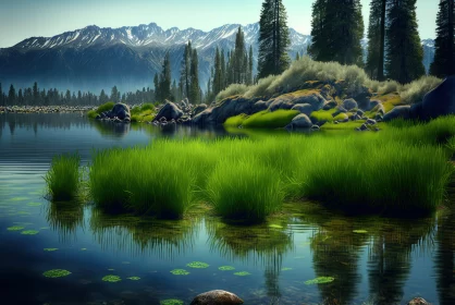Explore the Vibrant Green Grass Growing in Water With Trees and Mountains Near Lake Tahoe, CA