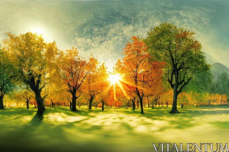The Enchanting Dance of Autumn: A Spectacular Panorama in a Beautiful Park AI Image