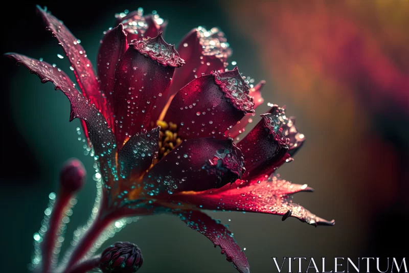Drenched in Beauty: A Macro Shot of Enchanting Crimson Wildflower Buds AI Image
