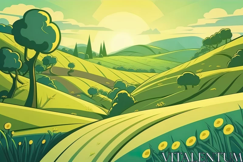 Emerald Dawn: The Enchanting Beauty of Sun-Kissed Green Fields AI Image