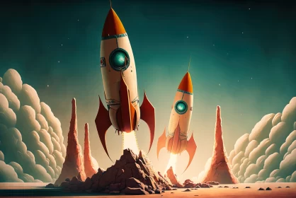 Cosmic Ascension: Rockets Soar from the Cartoon Cosmos