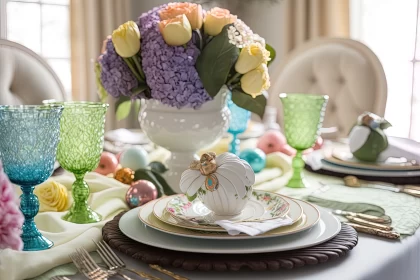 Blooming Splendor: A Vibrant Easter Brunch Table Setting Surrounded by Crisp Spring Air AI Image