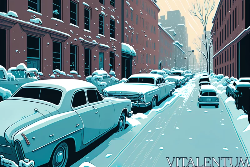 Winter Wonderland Unveiled: Enchanted Cars Amidst a Snow-Clad Cityscape AI Image