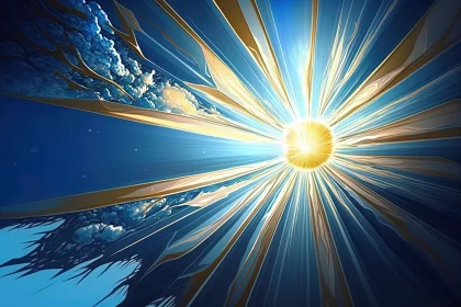 Celestial Brilliance: Golden Rays Embrace the Azure Horizon With Radiant Splendor AI Image
