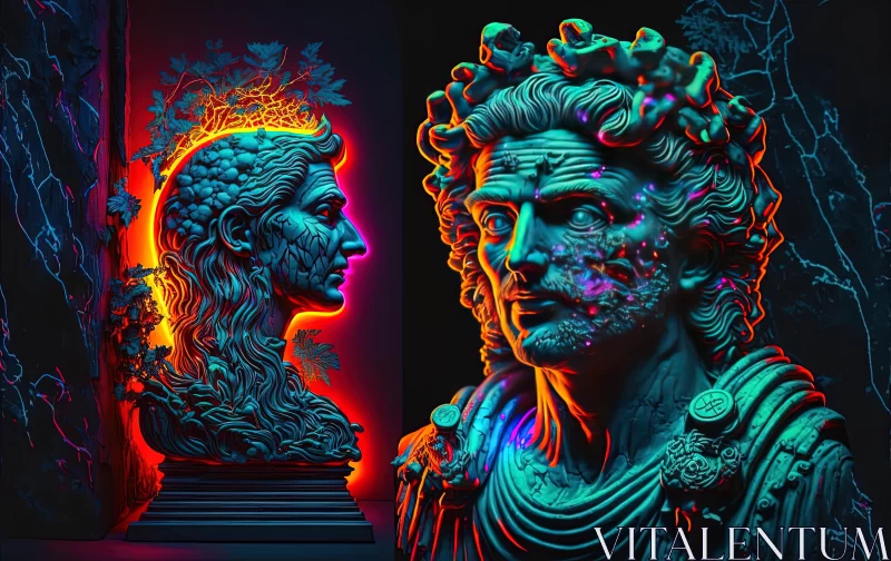 Psychedelic Encounters: Ancient Statues and Acid-Trippy Neon Posters Merge in a Dazzling Fusion of A AI Image