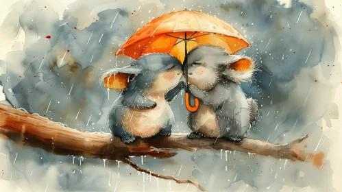 Adorable Bunnies Sheltering Under an Umbrella in the Rain