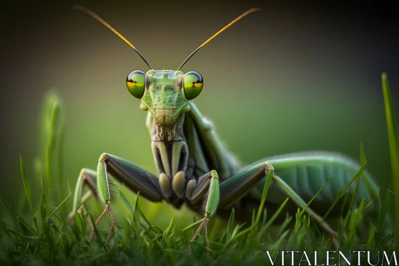 Graceful Guardian: Praying Mantis Perched on Vibrant Green Grass AI Image