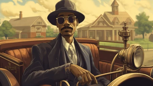 Snoop Dogg's Vintage Drive: A Stylish Icon in Hat and Sunglasses Cruising in an Old Car with a Rich  AI Image