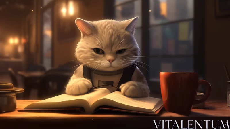 Solace in Words: Sad Cat Finds Comfort in Reading at the Library AI Image