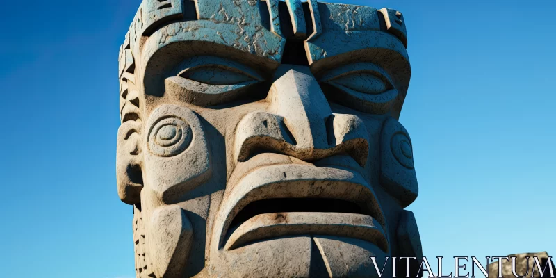 Unearthing the Mystique: Ancient Indian Tiki Mask Carved in Stone against a Serene Blue Sky AI Image