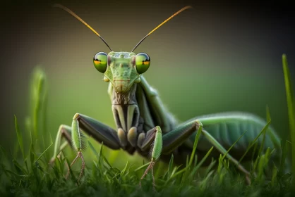 Graceful Guardian: Praying Mantis Perched on Vibrant Green Grass