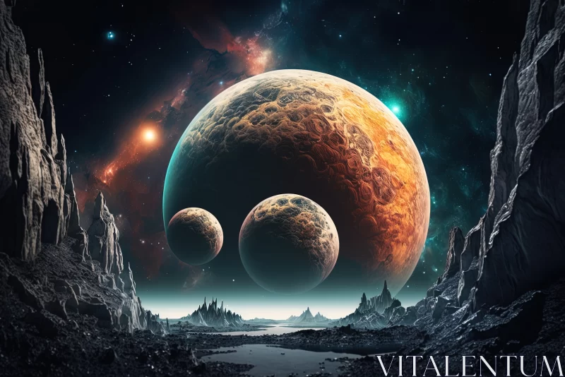 Giant Planet in Space with Two Moons - A Breathtaking Digital Art Illustration AI Image
